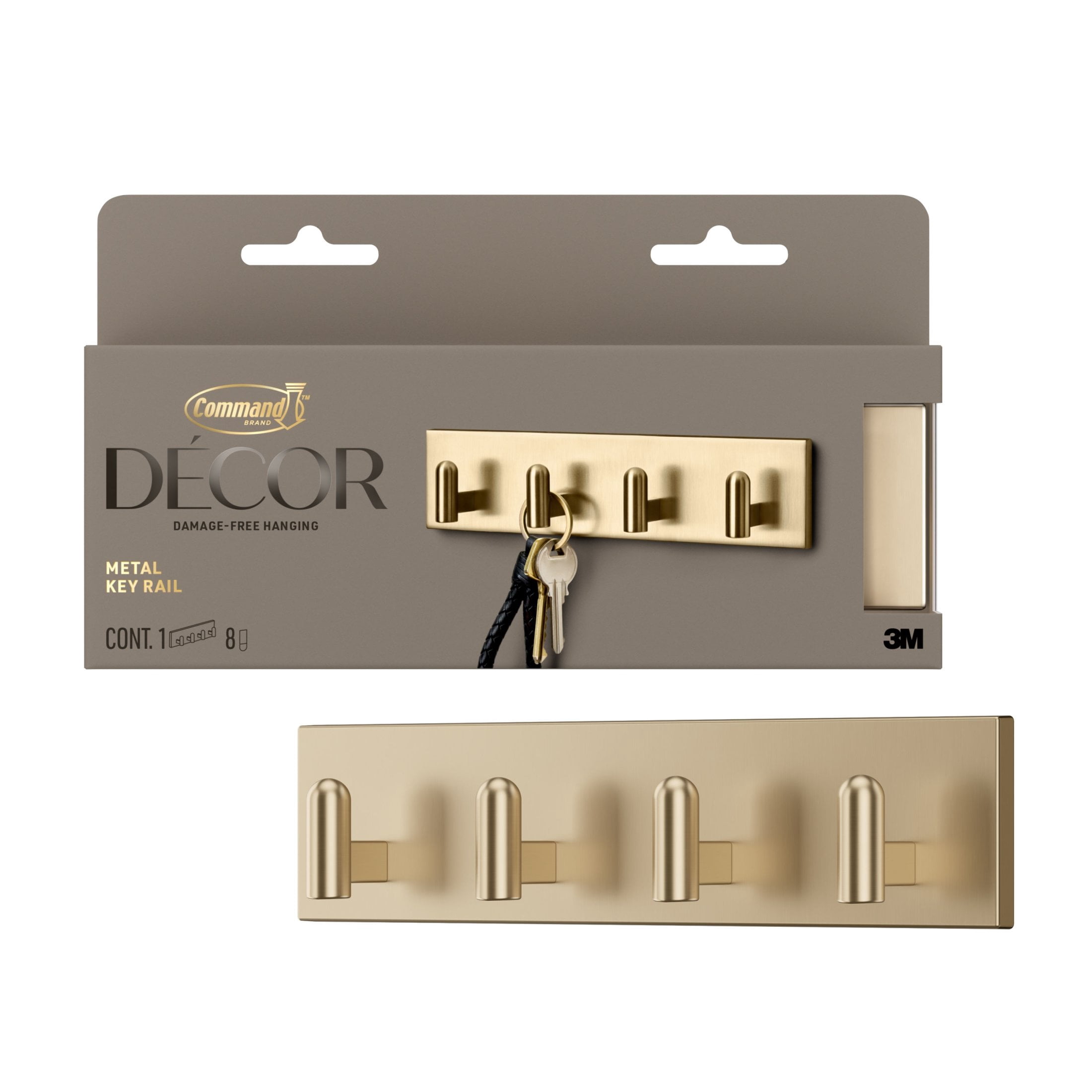 Command Decor Metal Key Rail, Brushed Brass, Strong Hold, 1 Hook Rail, 8 Small Adhesive Strips