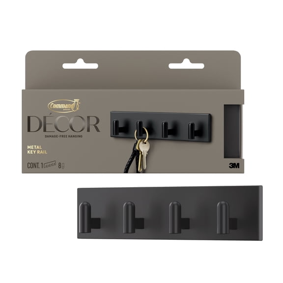 Command Decor Metal Key Rail, Matte Black, Strong Hold, 1 Hook Rail, 8 Small Adhesive Strips