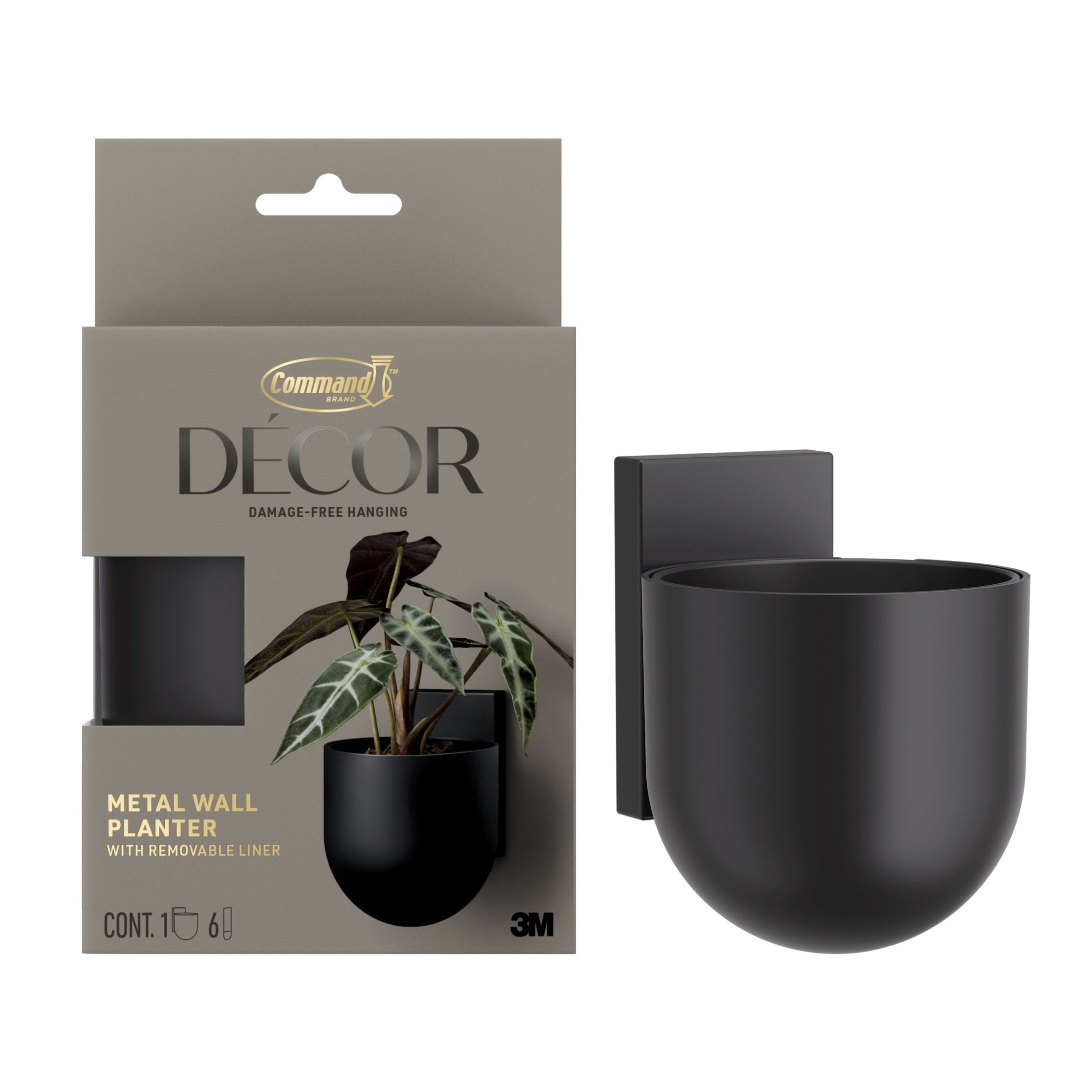 Command Decor Metal Wall Plant Hanger, Matte Black, 1 Planter, 1 Planter Insert, 6 Large Adhesive Strips