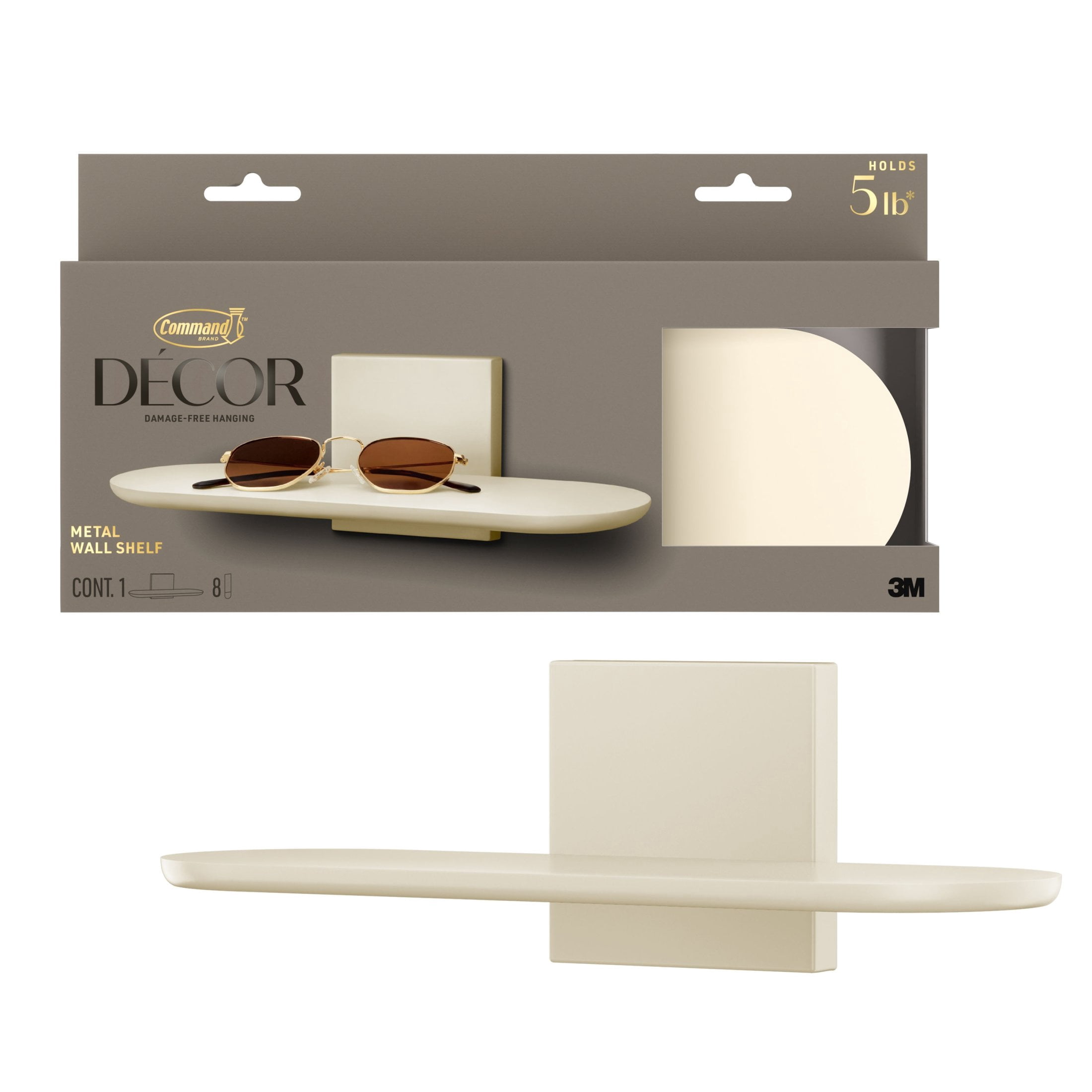 Command Decor Metal Wall Shelf, Light Beige, Holds 5 lbs, 1 Shelf, 8 Large Adhesive Strips