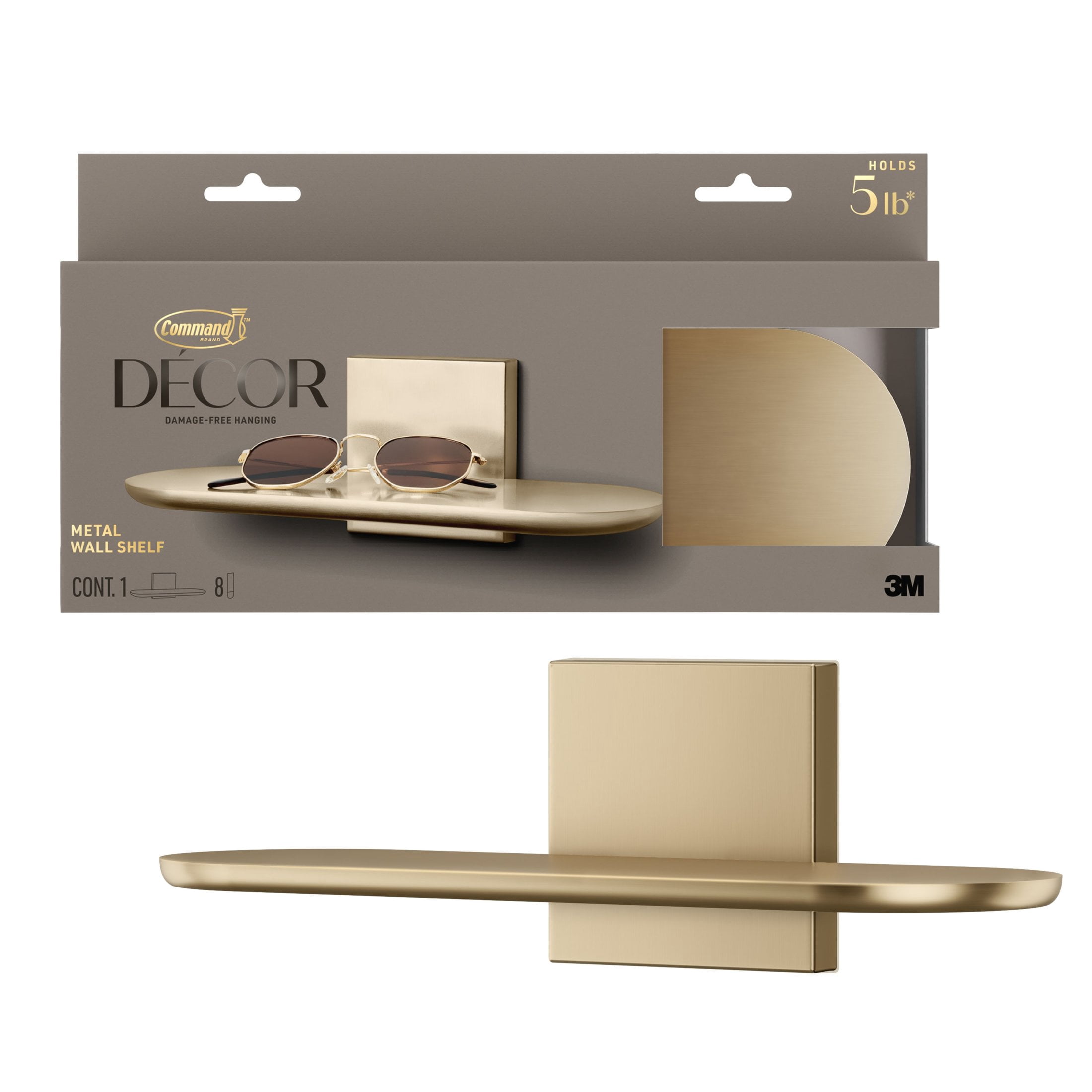 Command Decor Metal Wall Shelf, Brushed Brass, Holds 5 lbs, 1 Shelf, 8 Large Adhesive Strips