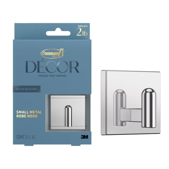 Command Decor Small Metal Bath Robe Hook, Chrome, Holds 2 lbs, Water-Resistant, 1 Hook, 6 Adhesive Strips