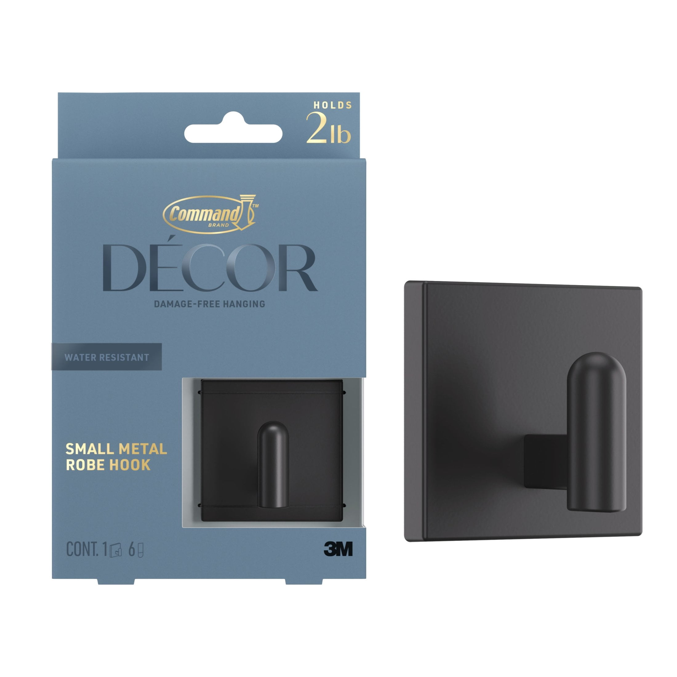 Command Decor Small Metal Bath Robe Hook, Matte Black, Holds 2 lbs, Water-Resistant, 1 Hook, 6 Adhesive Strips