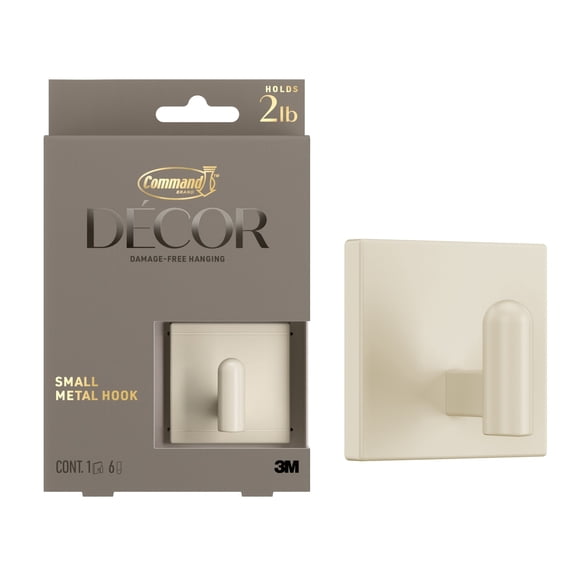 Command Decor Small Metal Hook, Light Beige, Holds 2 lbs, 1 Hook, 6 Small Adhesive Strips