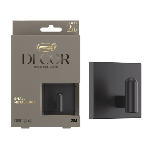 Command Decor Small Metal Hook, Matte Black, Holds 2 lbs, 1 Hook, 6 Small Adhesive Strips