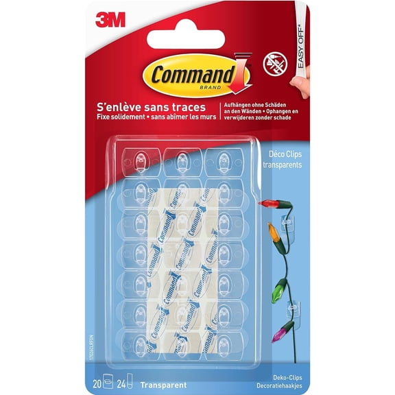 Command Decorative Clips, Pack of 20 mini Hooks and 24 Small Adhesive Strips, Transparent - Hanging Clips for Decoration and Fairy Lights, Wall Adhesive - Damage-Free Hanging, Small