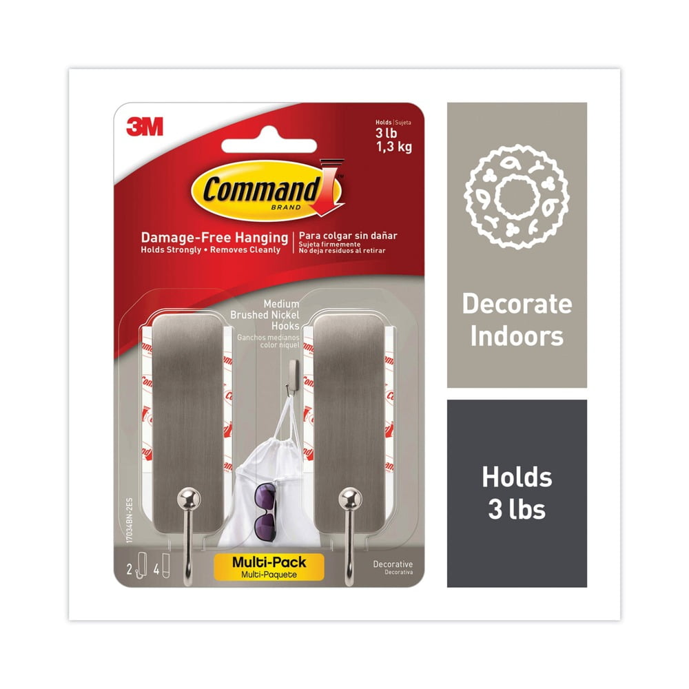 Medium Brushed Nickel Adhesive Wall Hooks, 2-Pack