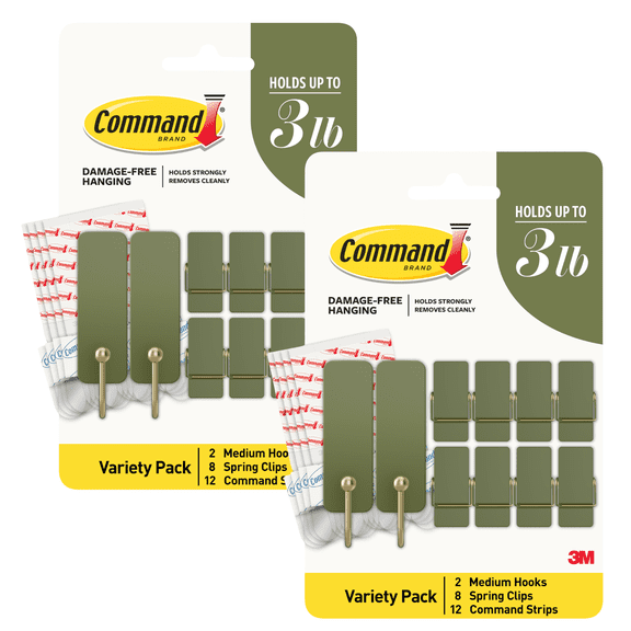 Command Decorative Mixed Hooks Pack [Removable]: 2 mediums hooks, 8 spring clips, 12 refill strips (Sage Green) [2-pack]