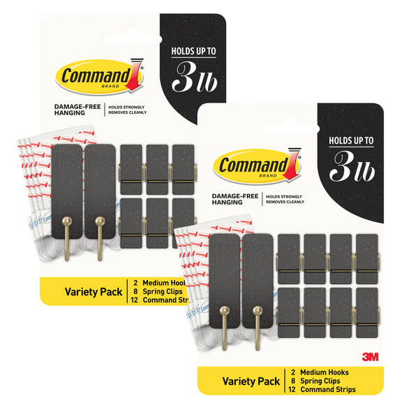 Command Decorative Mixed Hooks Pack [Removable]: 2 mediums hooks, 8 spring clips, 12 refill strips (Soot) [2-pack]