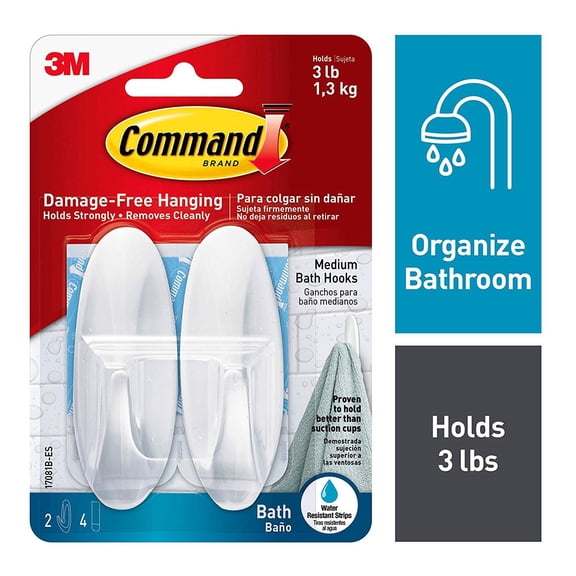 Command Designer Bath Hooks Bathroom, Rubber Clear, 3 lbs, 2 Pieces