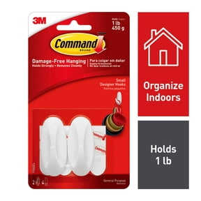 Command Designer Hook, White, Small, 2 Hooks, 4 Strips/Pack