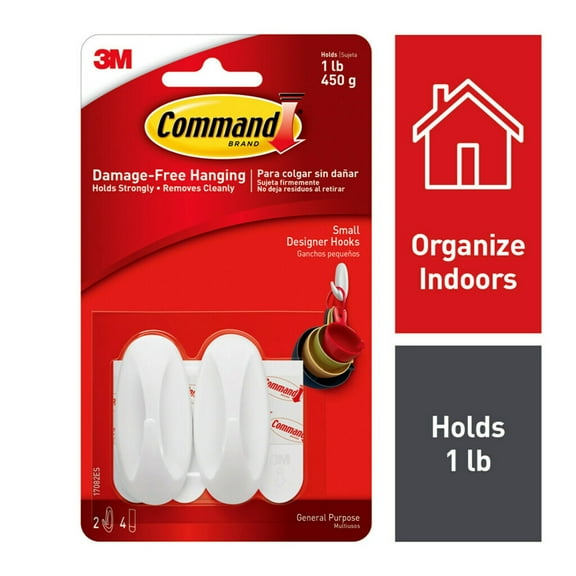 Command Designer Hook, White, Small, 2 Hooks, 4 Strips/Pack