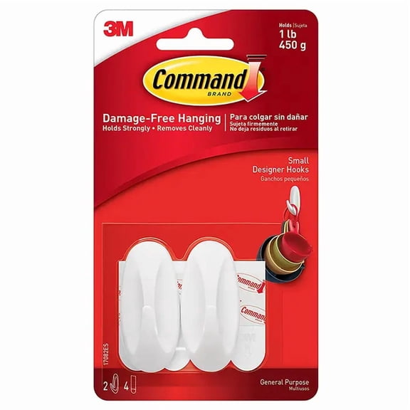 Command Designer Hook, White, Small, 2 Hooks, 4 Strips/Pack