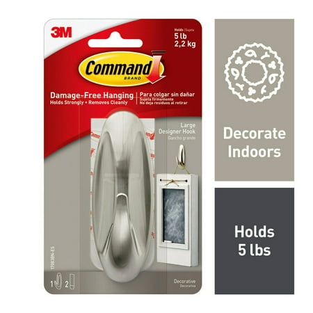 Command Designer Hooks, Brushed Nickel, Large, 1 Wall Hook