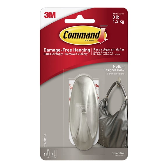 Command Designer Hooks, Brushed Nickel, Medium, 1 Hook, 2 Strips/Pack