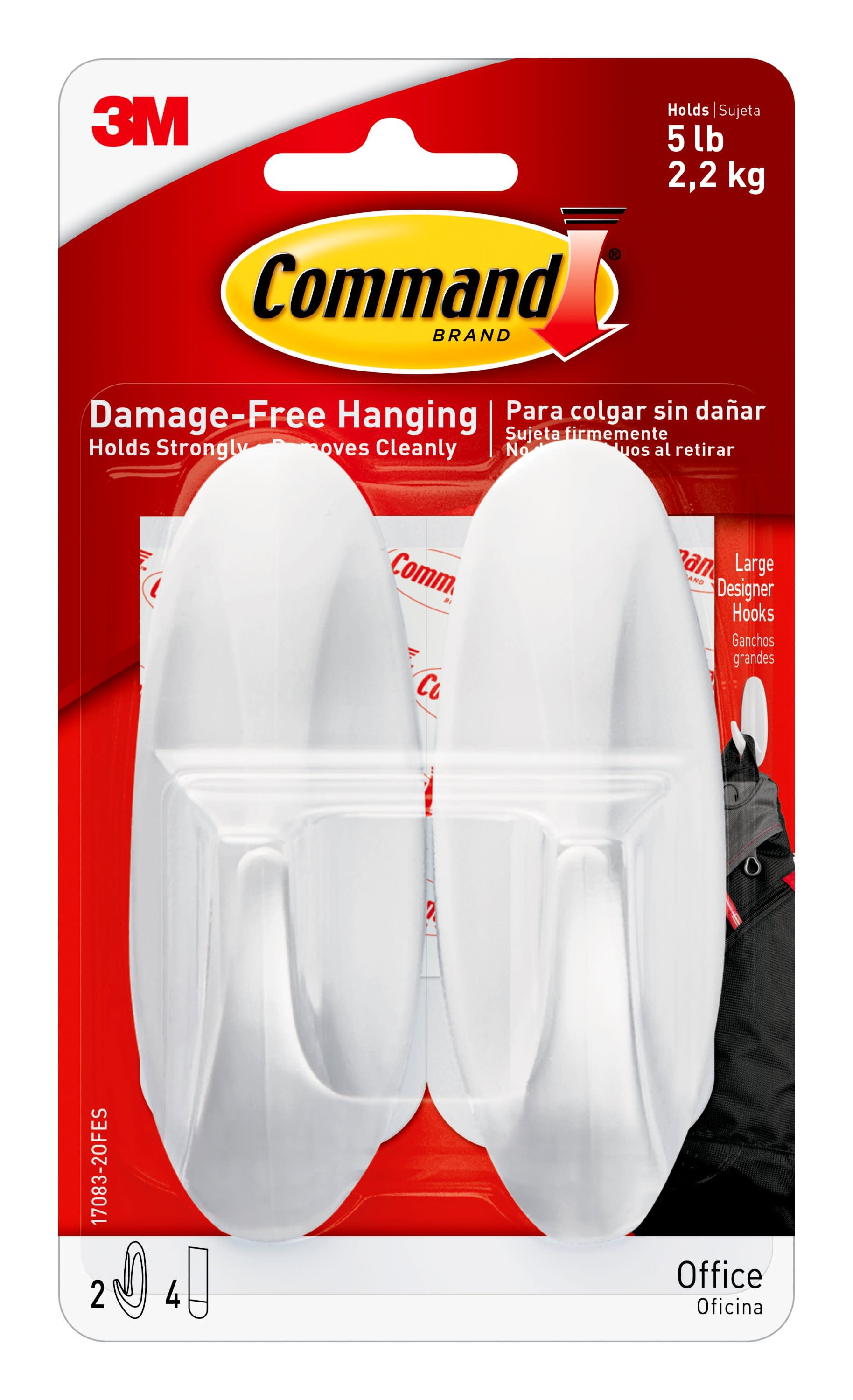 Command Designer Hooks, Large, White, 2 Hooks, 4 Strips/Pack