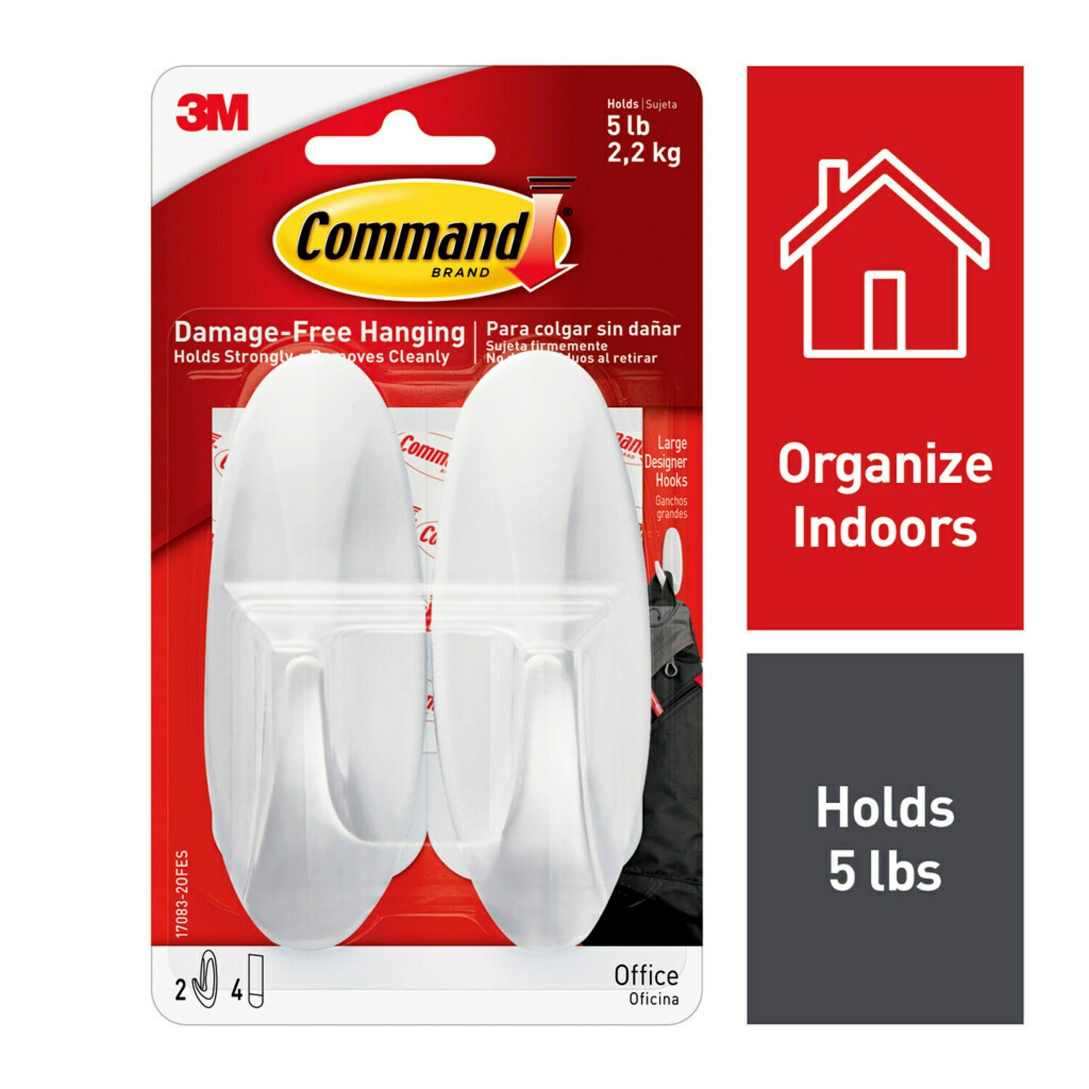 Command Designer Hooks, Large, White, 2 Hooks, 4 Strips, Holds 5 Lbs