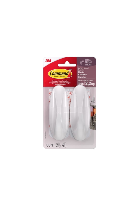 Designer Hooks, Large, White, 2 Hooks, 4 Strips, Holds 5 Lbs