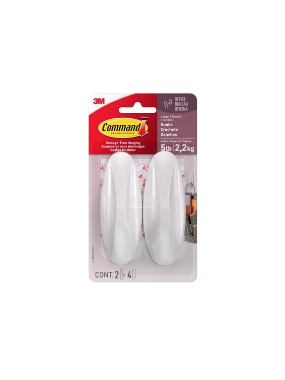 Designer Hooks, Large, White, 2 Hooks, 4 Strips, Holds 5 Lbs