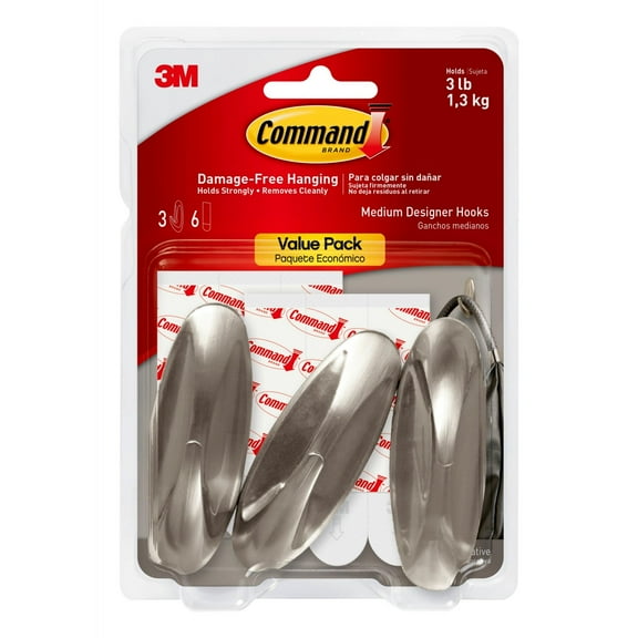 Command Designer Hooks, Medium, Brushed Nickel, 3-Hooks (17081BN-3ES)