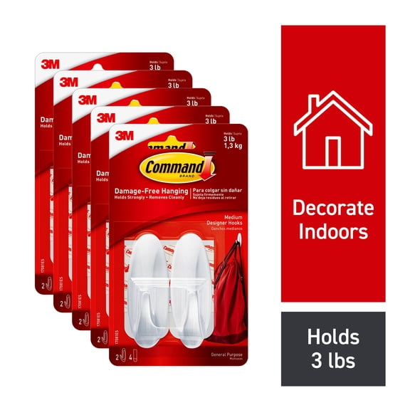 Command Designer Hooks, Medium, White, 10 Hooks, 20 Strips