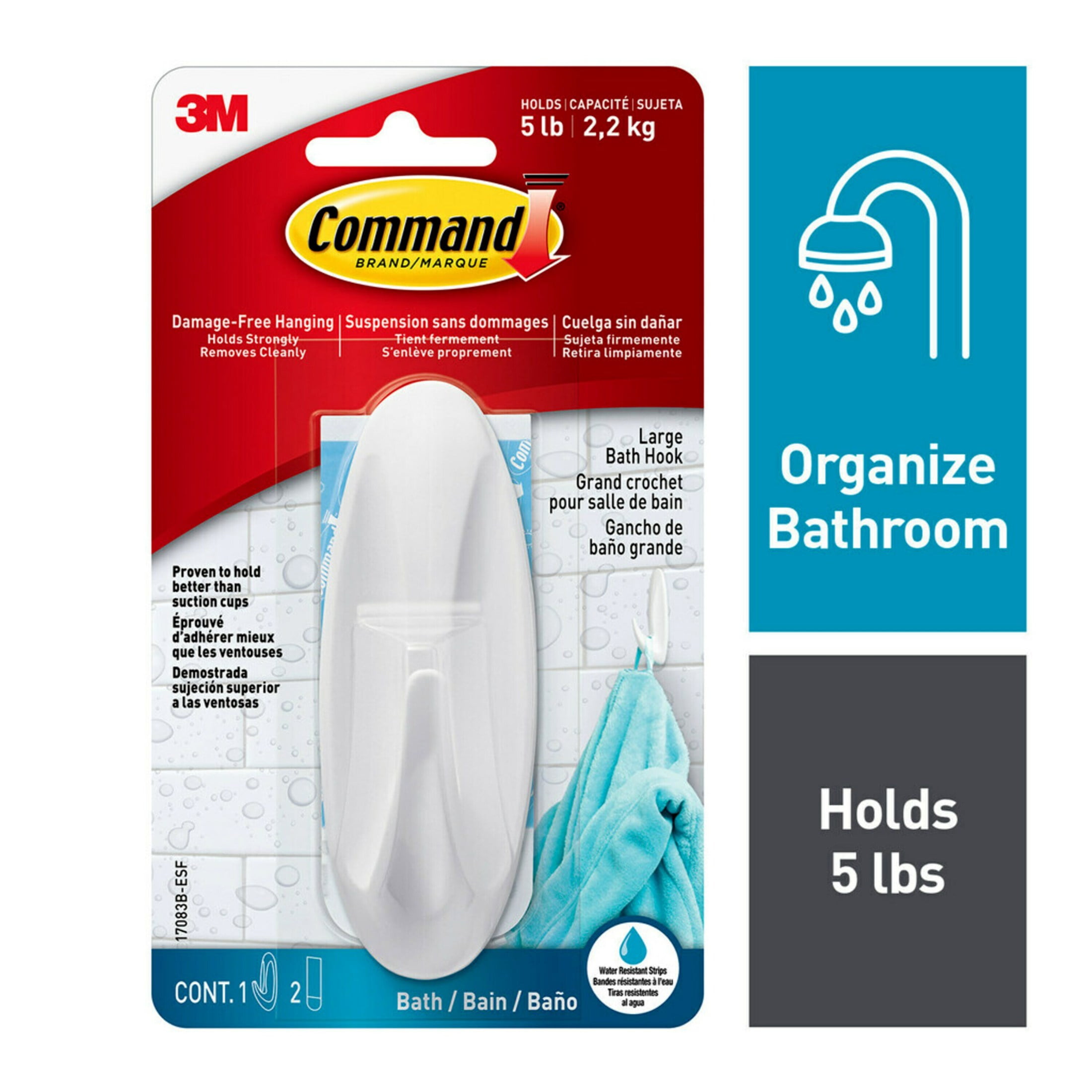 Large White Plastic Bath Hook with Water-Resistant Strips