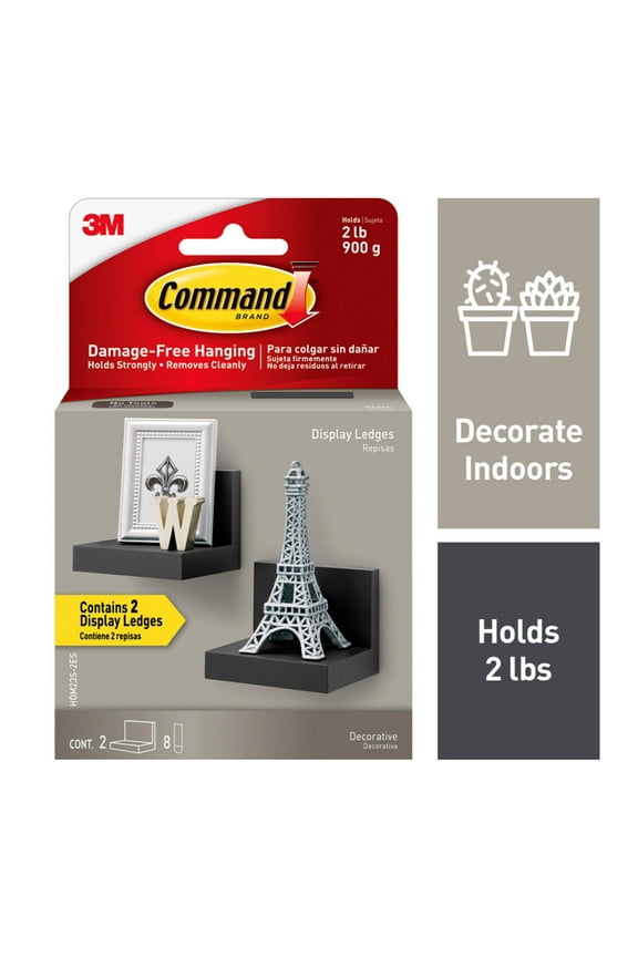 Display Ledges, Holds 2 lbs, Slate, 2 Wall Display Ledges and 8 Command Strips