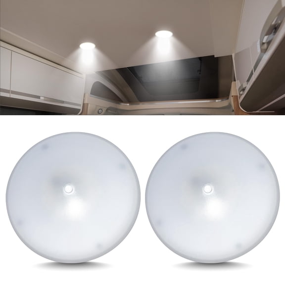 Command Electronics OEM 12V LED RV Low Profile Surface Mount Ceiling Light with Switch - Made in USA - Durable Design - Hardware & Connectors Included - 4.5 Inch Diameter | White (2 Pack)