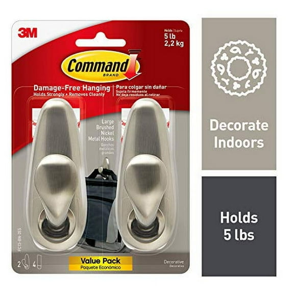 Command FC13-BN-2ES Large Forever Classic Metal, 2, 4 Strips Hooks, Brushed Nickel