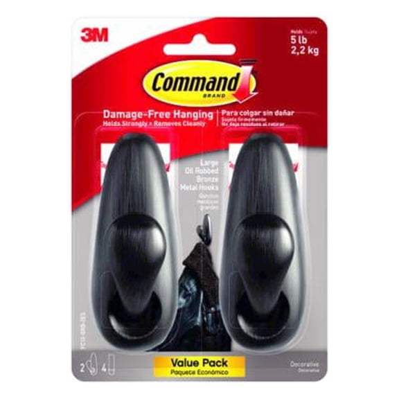 Command FC13-ORB-2ES Metal Classic Hooks, Oil-Rubbed Bronze, Large, 2-Pk. - Quantity 4