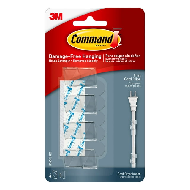 Command Flat Cord Clips, Clear, 4 Clips, 5 Strips per Pack