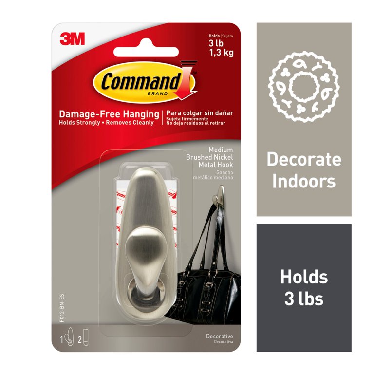 Command Medium Brushed Nickel Classic Metal Hook & Strips (1 Hook / 2  Strips)