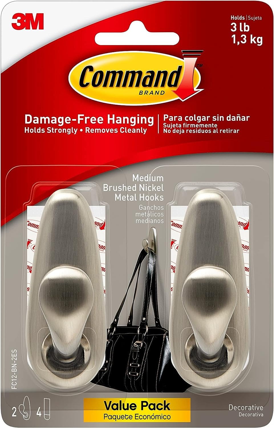Command Forever Classic Medium Metal Wall Hooks, Damage Free Hanging Wall Hooks with Adhesive Strips, No Tools Double Wall Hooks for Hanging Christmas Decorations, 2 Metal Hooks and 4 Command Strips