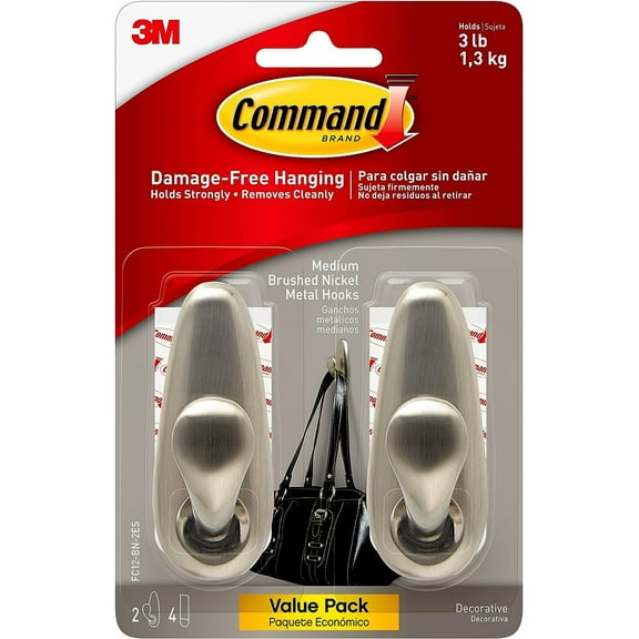 Command Forever Classic Medium Metal Wall Hooks, Damage Free Hanging Wall Hooks with Adhesive Strips, No Tools Double Wall Hooks for Hanging Christmas Decorations, 2 Metal Hooks and 4 Command Strips