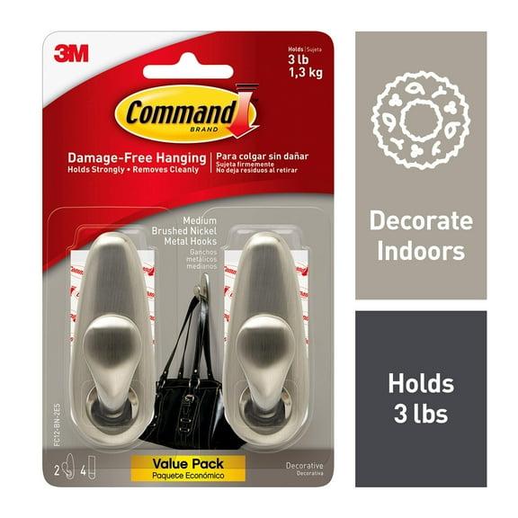 Command Forever Classic Medium Metal Wall Hooks, Damage Free Hanging Wall Hooks with Adhesive Strips, No Tools Wall Hooks for Hanging Decorations in Living Spaces, 2 Metal Hooks and 4 Command Strips