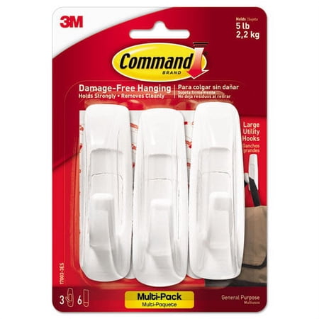 Command General Purpose Hooks Multi-Pack, Large, 5 Lb Cap, White, 3 Hooks And 6 Strips-Pack