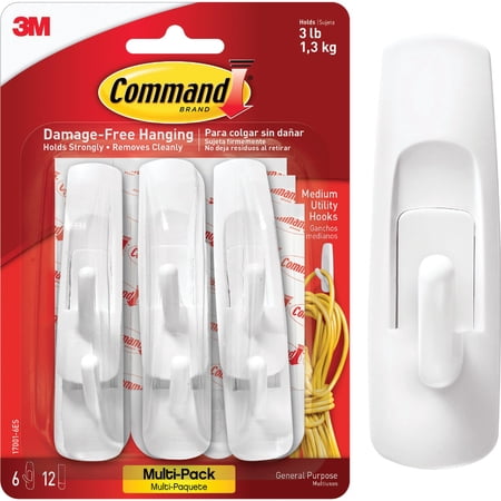 Command General Purpose Hooks Multi-Pack, Medium, Plastic, White, 3 lb Capacity, 6 Hooks and 12 Strips/Pack