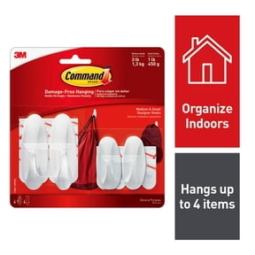 Command General Purpose Hooks Small/Medium, 3lb Cap, White, 4 Hooks & 8 Strips/Pack