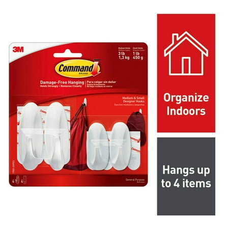 Command General Purpose Hooks Small/Medium, 3lb Cap, White, 4 Hooks & 8 Strips/Pack