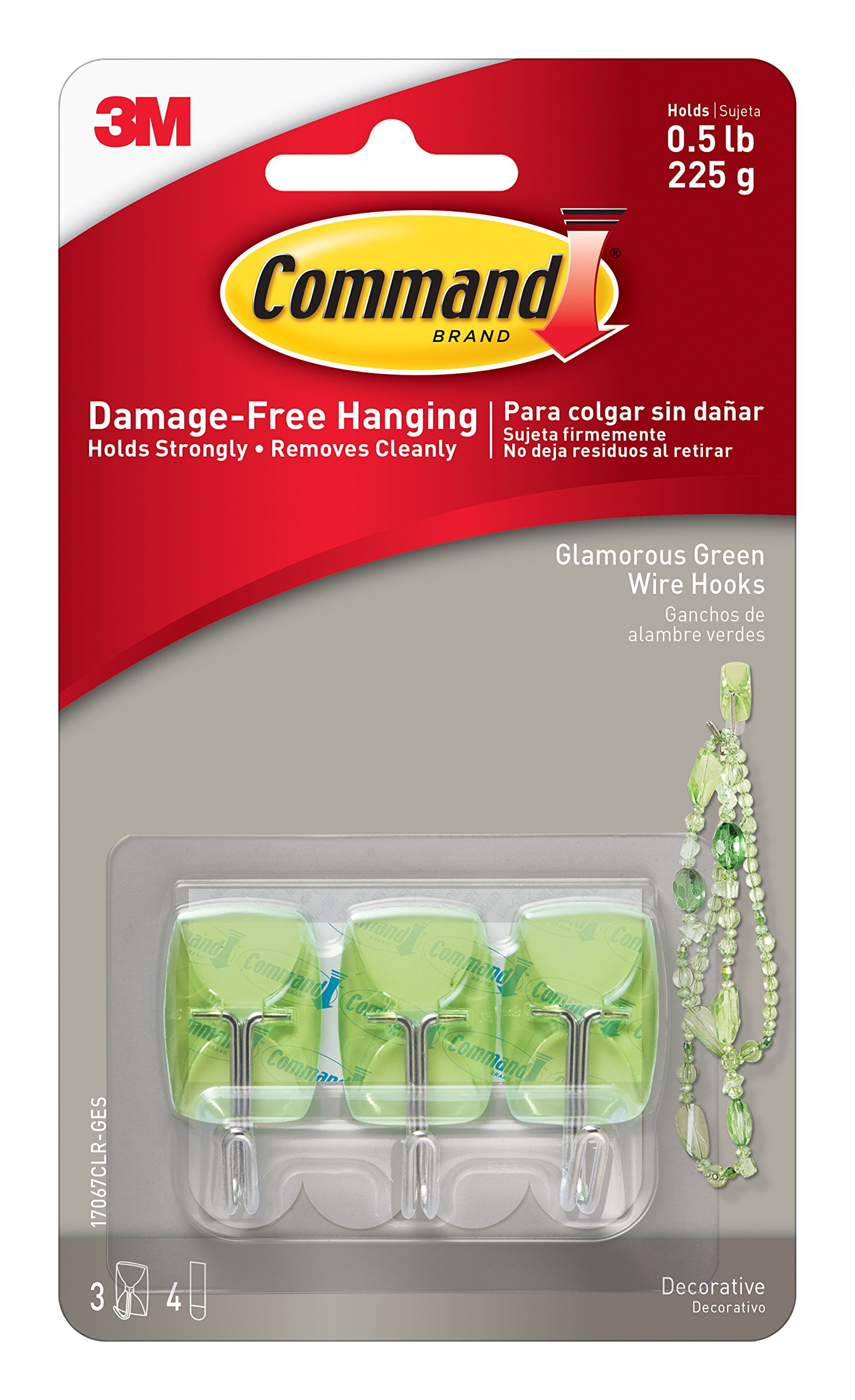 Command Glamorous Green Wire Hooks, Small, 3 Hooks, 4 Clear Strips/Pack 