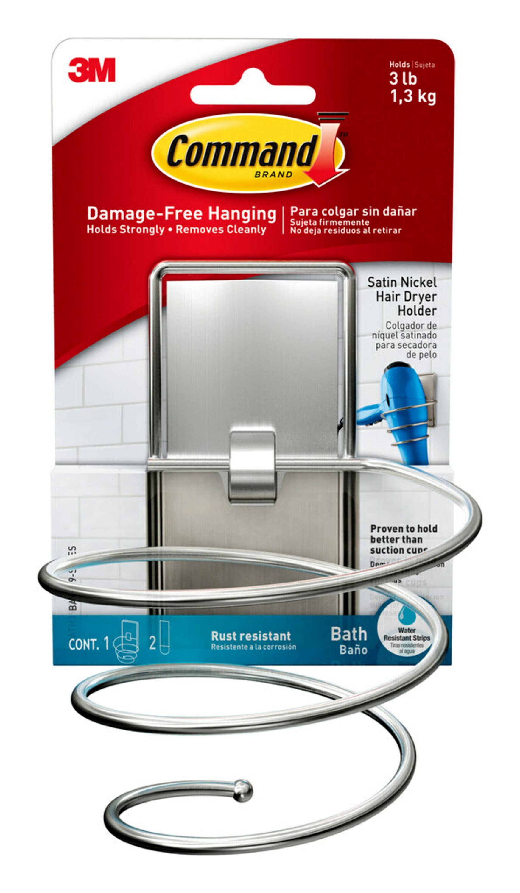 Command Hair Dryer Holder, Satin Nickel, 1 Holder, 2 Water Resistant Strips, Bathroom Organization - image 1 of 12
