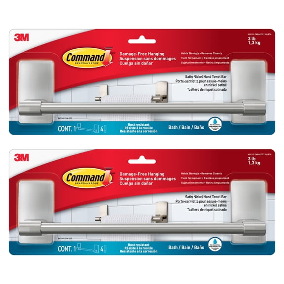 Command Hand Towel Bar: 9 in. width (Satin Nickel) 4 strips [2-pack] BATH41-SN-ESF