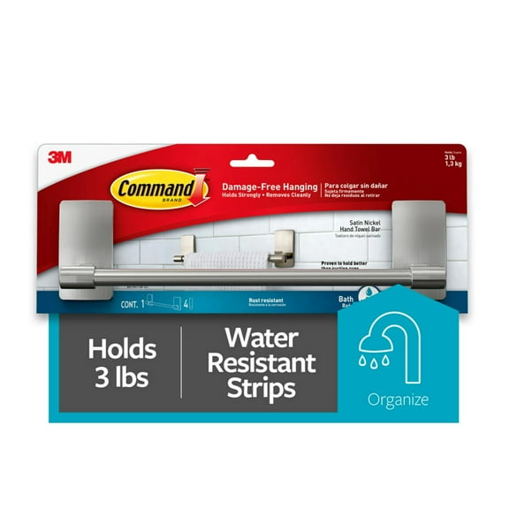 Command Hand Towel Bar Satin Nickel with 4 Water Resistant Command Strips, 9" Hand Towel Holder, Holds up to 3 lb, Great for Bathroom Dcor on the Wall, Inside the Cabinet, or in the Shower