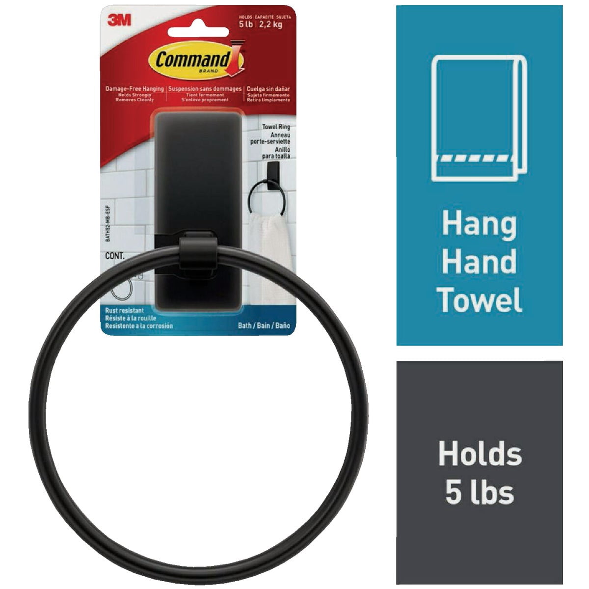 Command Hand Towel Holder Matte Black with Water Resistant Command Strips, Rust Resistant Bathroom Organizer, Holds up to 5 lbs, 1 Ring