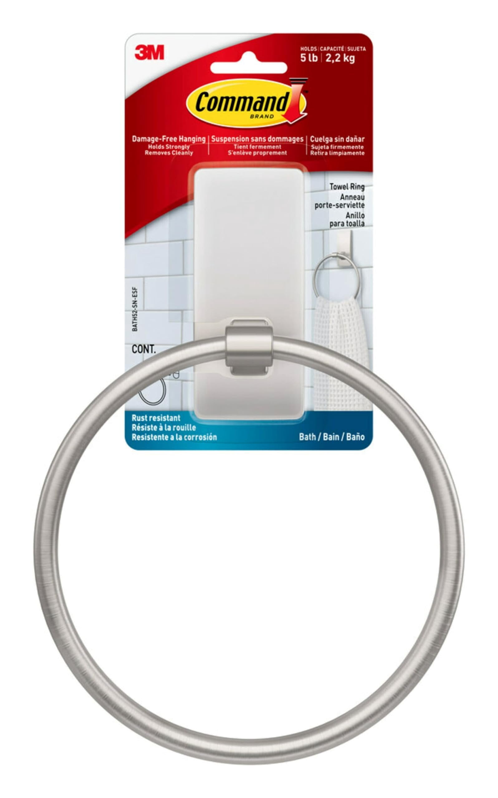 Command Hand Towel Holder Satin Nickel with Water Resistant Command ...