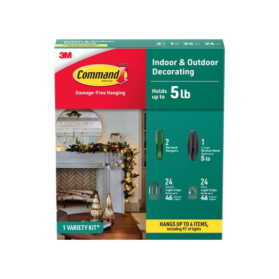Command Holiday Decorating Kit, Indoor & Outdoor Use, Holds up to 5 lb., Hang up to 92 ft. of Lights and 4 Decorations