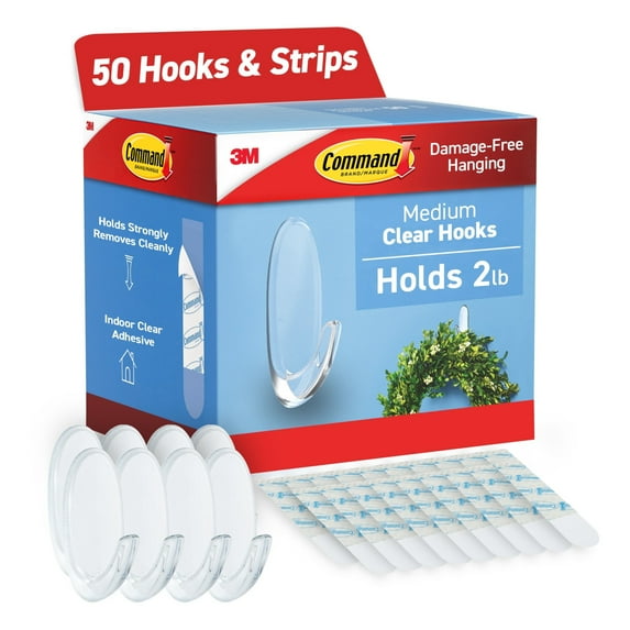 3M Command Clear Hooks and Strips, Plastic, Medium, 50 Hooks with Adhesive Strips per Carton (MMM17091CLRCABP)