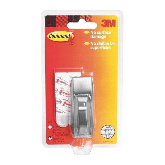 Command Hook, Medium, Brushed Nickel, 1 Hook, 2 Strips/Pack