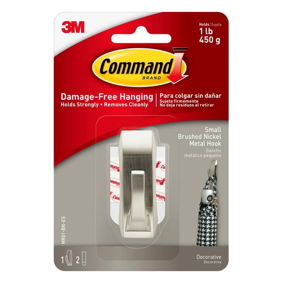 Command Hook, Small, Brushed Nickel, 1 Hook, 2 Strips/Pack