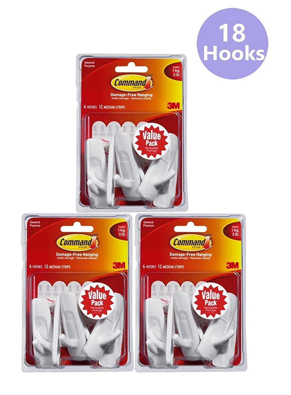 Command Hooks Value Pack, White, Medium, 6 Hooks, 12 Strips/Pack